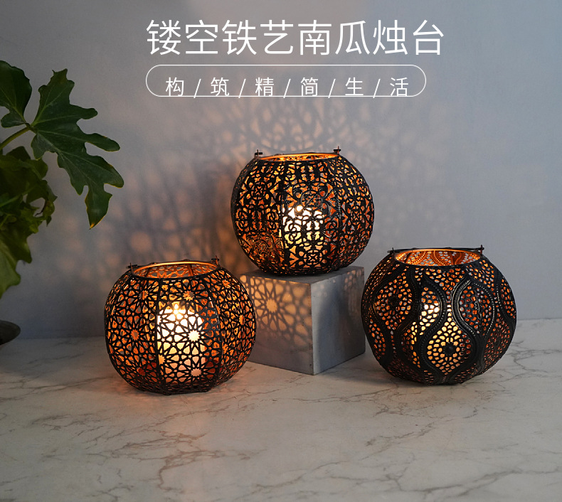 跨境新品万圣节镂空铁艺南瓜灯灯笼烛台场景氛围布置家居摆件装饰详情1
