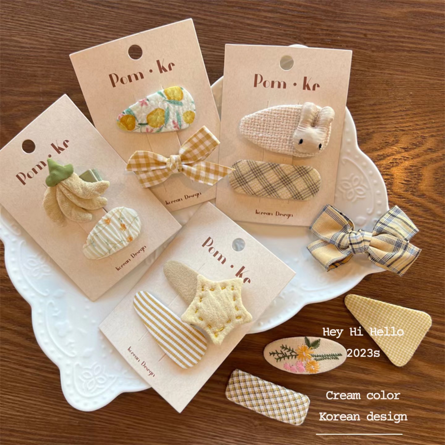 pom.kr 韩国风新款奶油色布艺女童蝴蝶结格子纯色发夹11bb夹创意饰品详情14