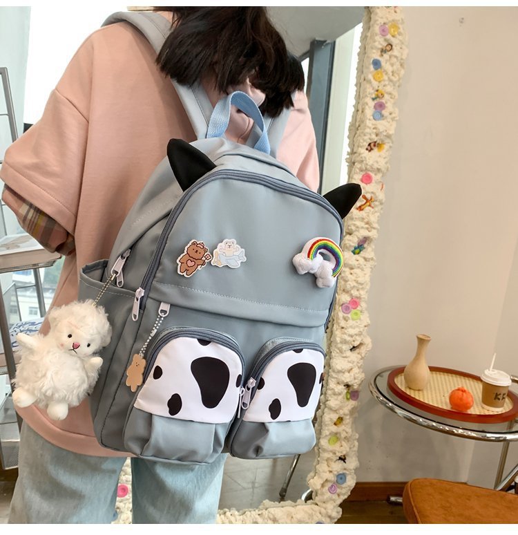 Japanese-style ins campus school style, fresh and cute, cute cow with earbuds, soft girl schoolbag, funny student backpack pic 24