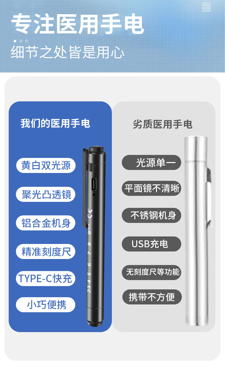 笔式手电筒瞳孔笔灯护士检查耳鼻喉口腔小型家用照明 可充电详情2