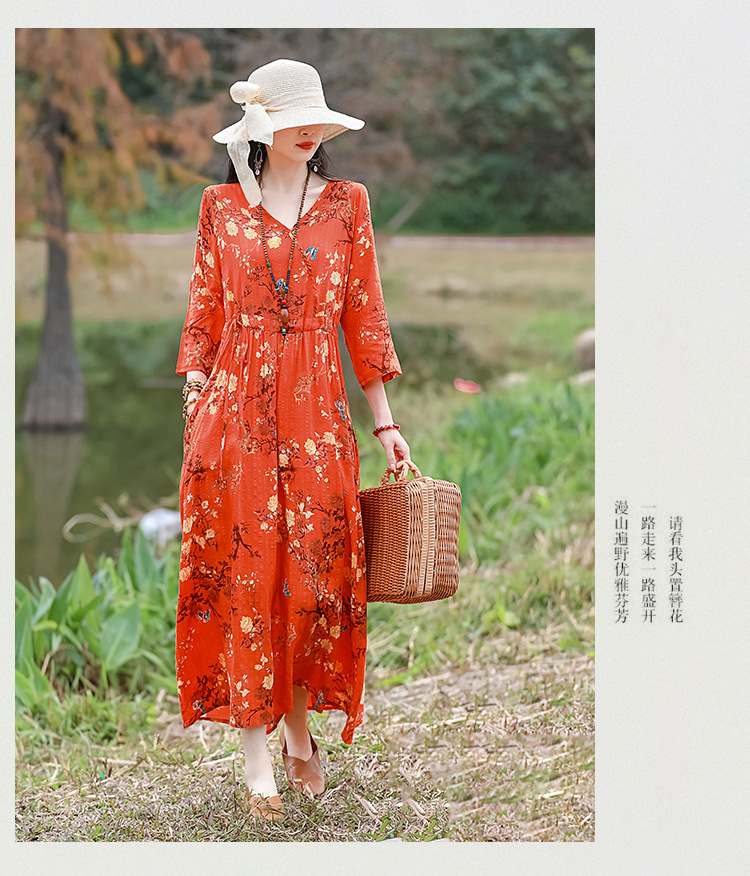 2024夏季新款中年妈妈复古文艺印花棉麻收腰连衣裙宽松大摆长裙女详情31