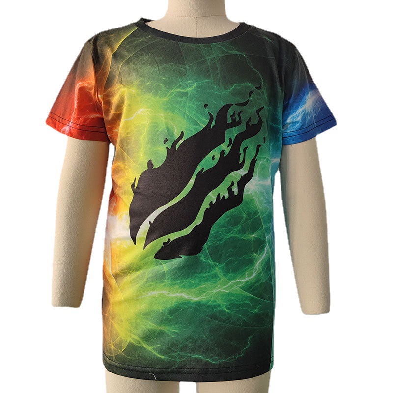 跨境外贸热销3D数码印花 时尚儿童七彩色颜料夏季宽松童装短袖T恤详情55