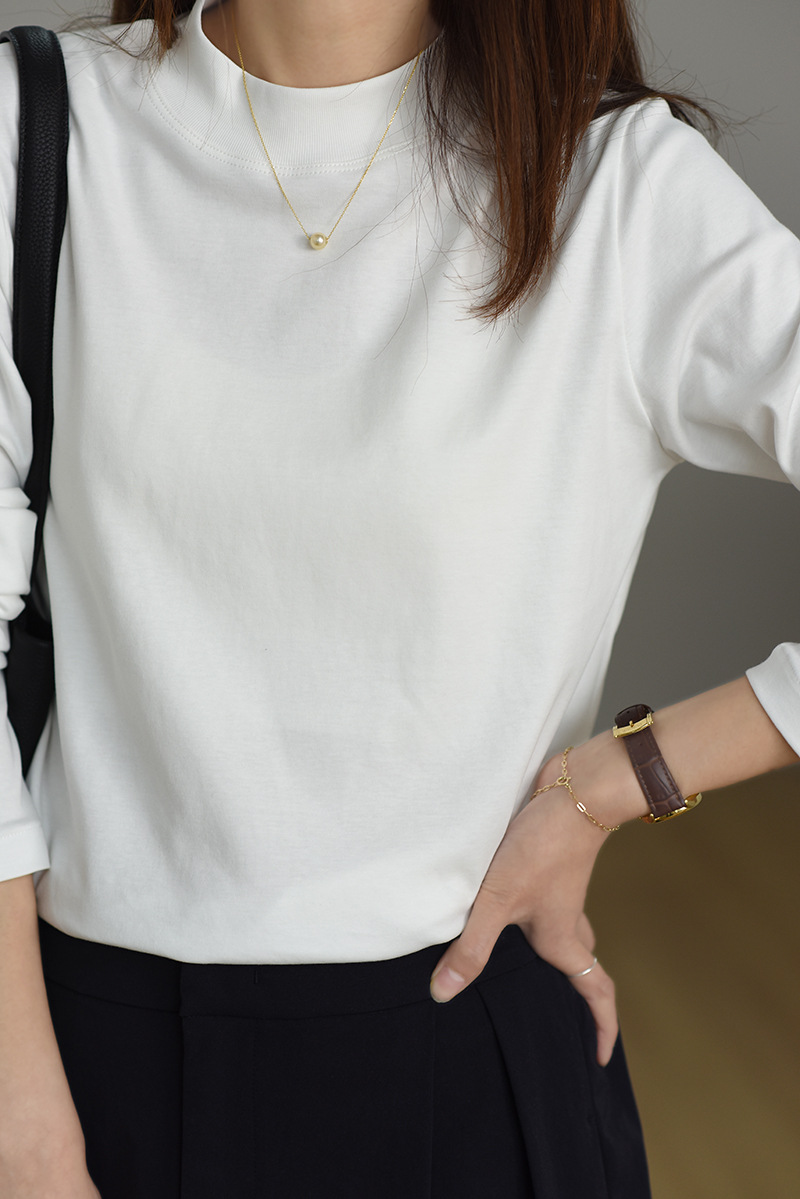 后中线设计纯棉长袖T恤女春秋中领宽松休闲内搭立领丝光棉打底衫详情12