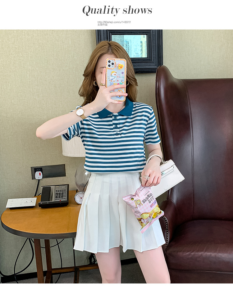 Verano coreano versión rayas mujer commuter patchwork color polo cuello manga corta camiseta mujer diseño sentido moda legging pic 20