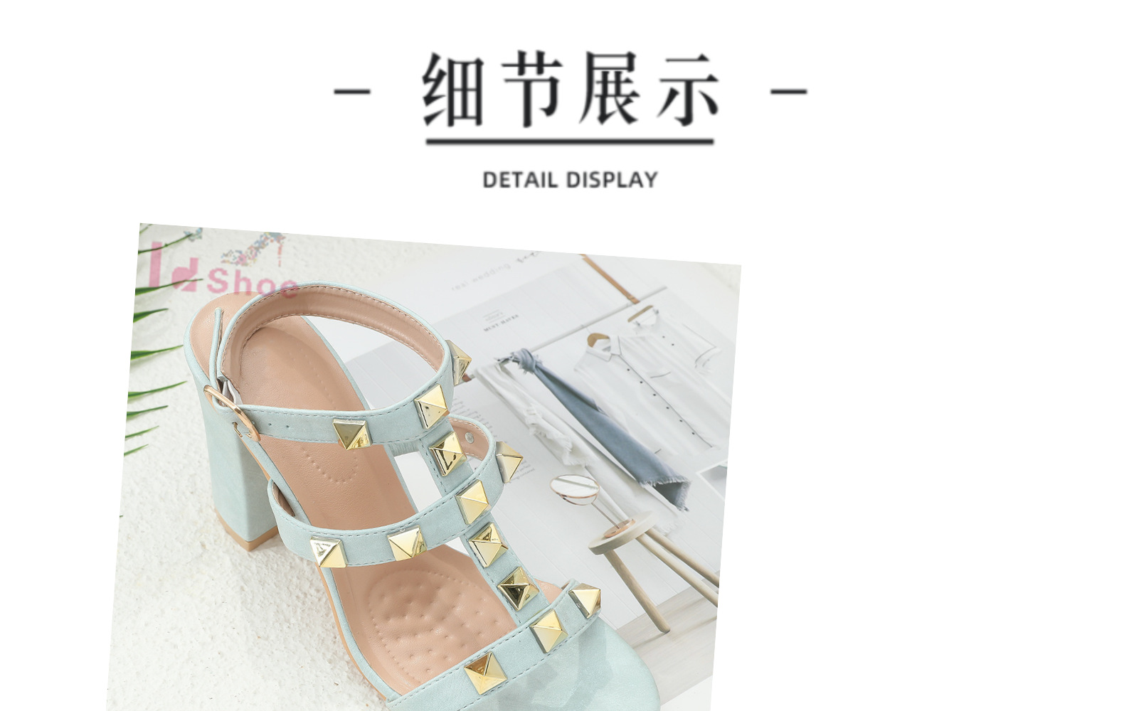 复古高跟凉鞋广州女鞋粗跟中跟一字带铆钉鞋子女新款高跟鞋工艺鞋详情5
