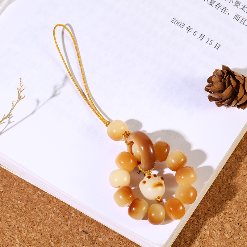 White jade Bodhi root multi-treasure prayer beads mobile phone chain, retro olive ring pendant, anti-loss creative car bag pendant pic 11