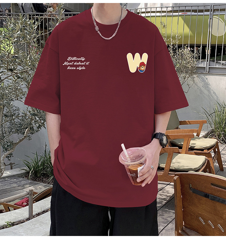 Camiseta de manga corta de estilo americano de algodón pesado hombre verano 2024 nuevo oso estampado estado de moda puerto estilo chico camiseta pic 37