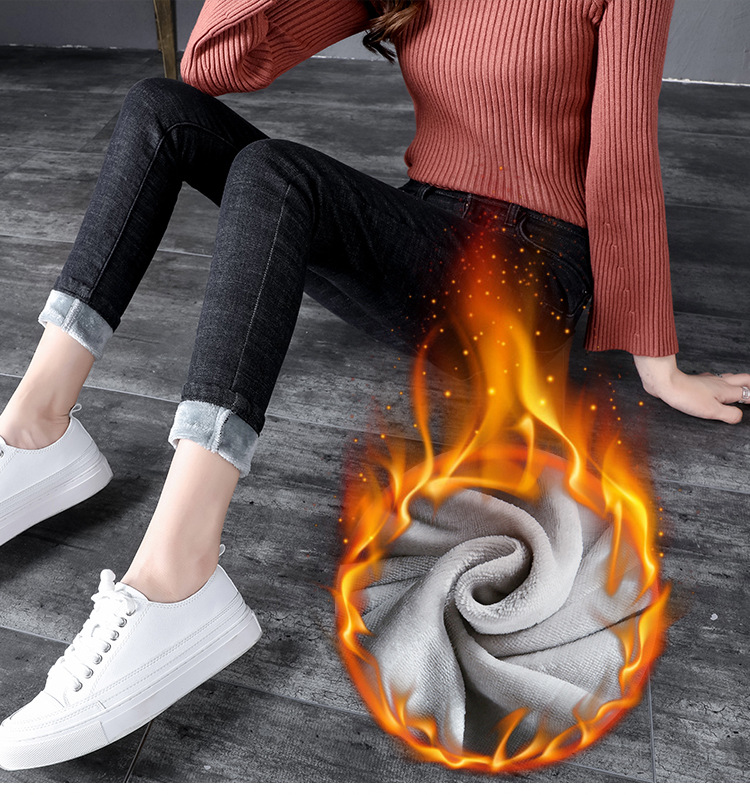 Winter fleece jeans for women, high-waisted, thick and warm Korean-style elastic slimming outerwear, small leg pants factory direct sales pic 19