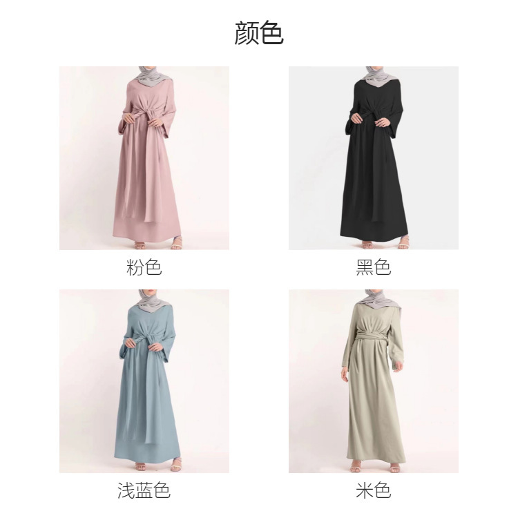 2023芳佑服饰跨境女装中东迪拜阿拉伯长袍纯色系带束腰长款连衣裙详情4