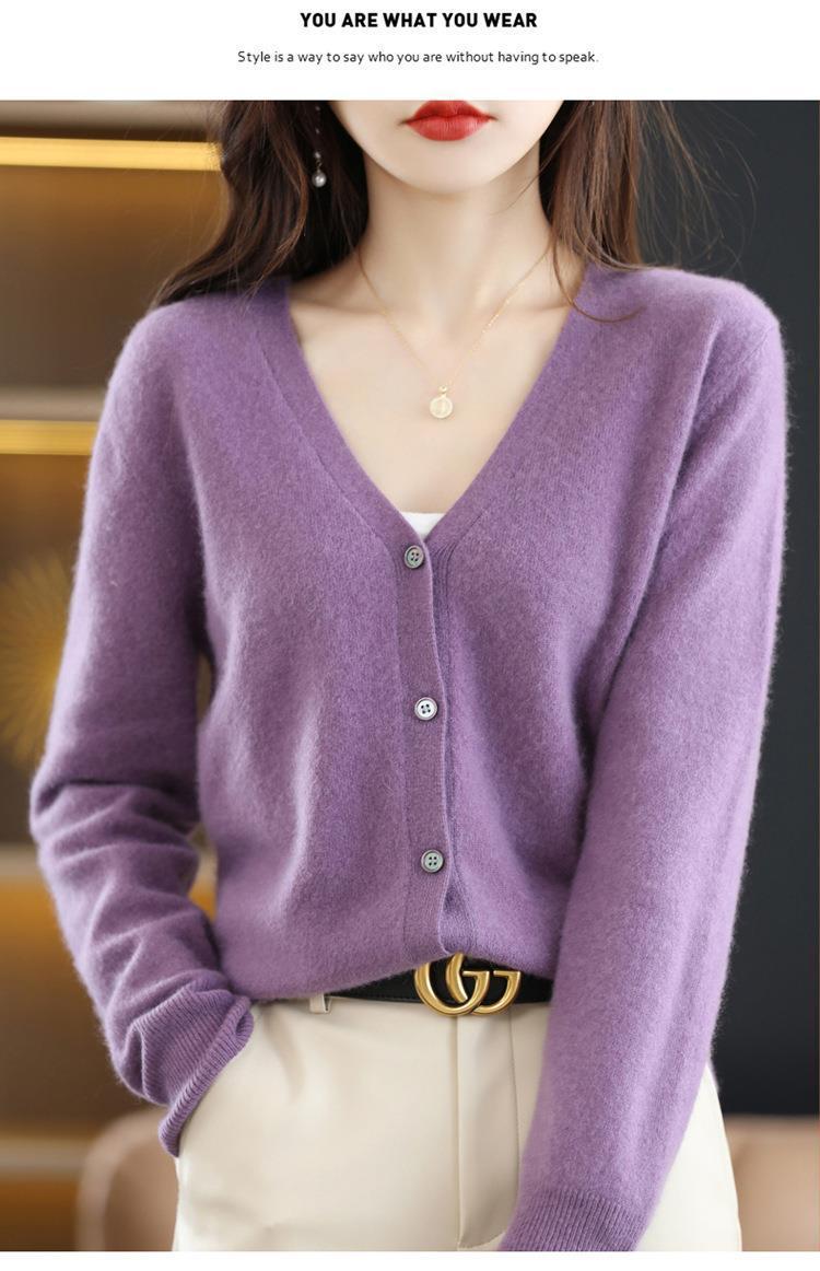New Spring and autumn knitted cardigan for women, V-neck loose short solid color long-sleeved versatile sweater coat made of wool blend pic 45