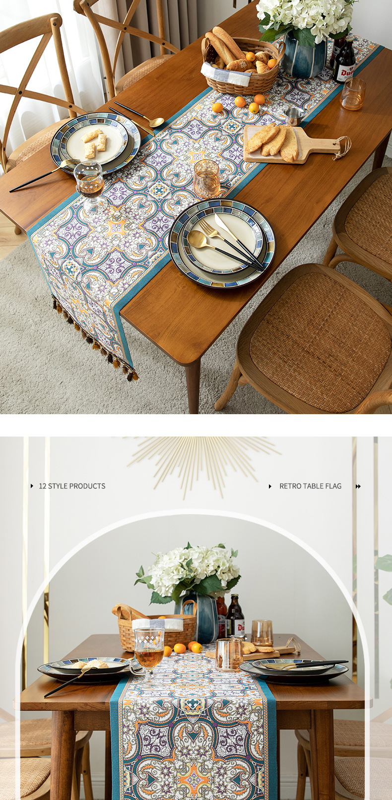 Cool Happiness American retro style, fashionable, simple, elegant and high-end, long tablecloth, colored jacquard, high-end, tassel, home coffee table, tea flag, high-end chest of drawers, table flag pic 12