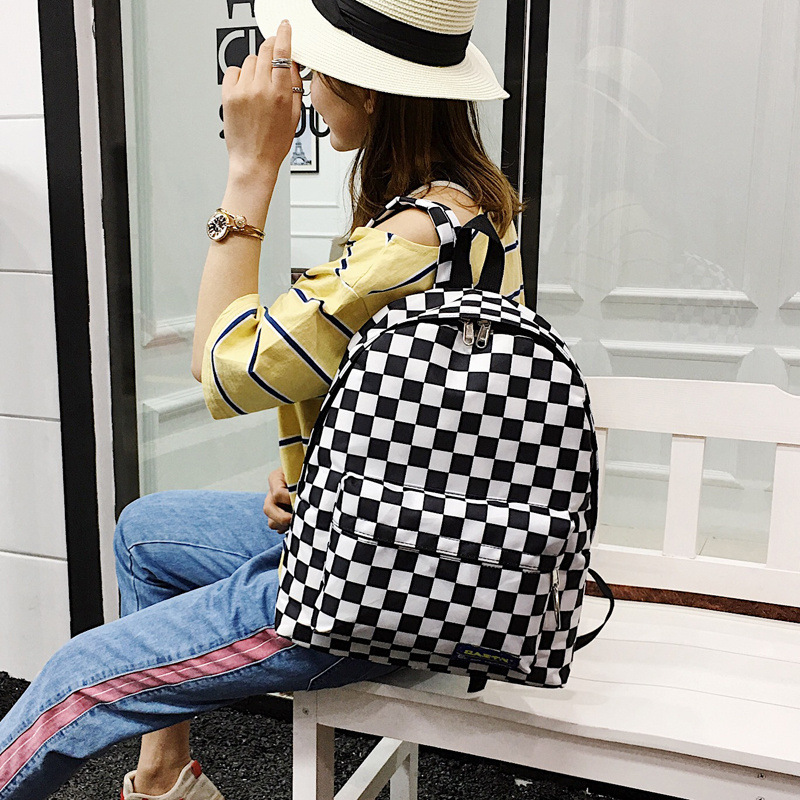 原宿街头学院风chic书包男女背包港风黑白棋盘格子ins帆布双肩包详情3