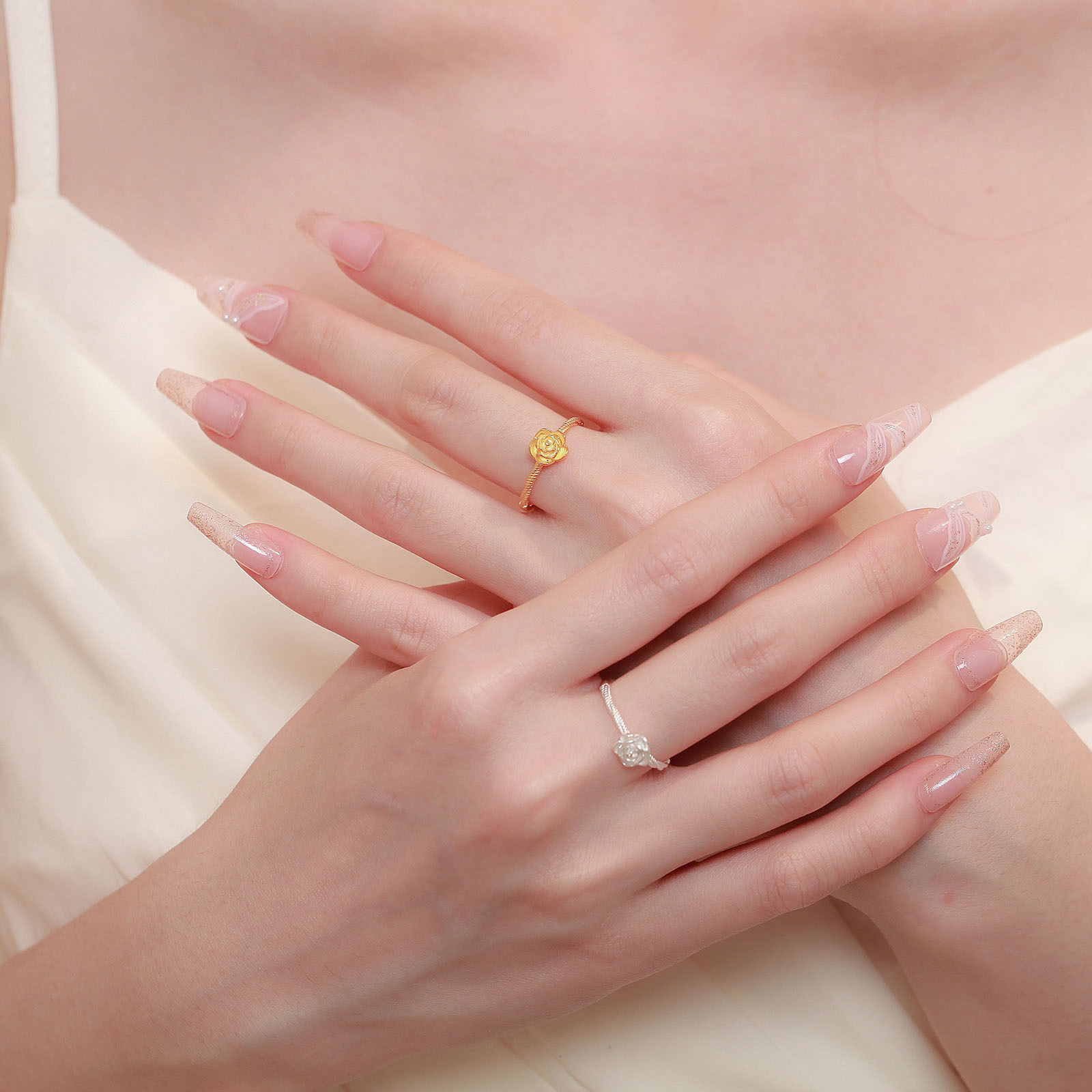 S999纯银足银戒指山茶花开口可调节素银指环抖音小红书手饰礼物详情2