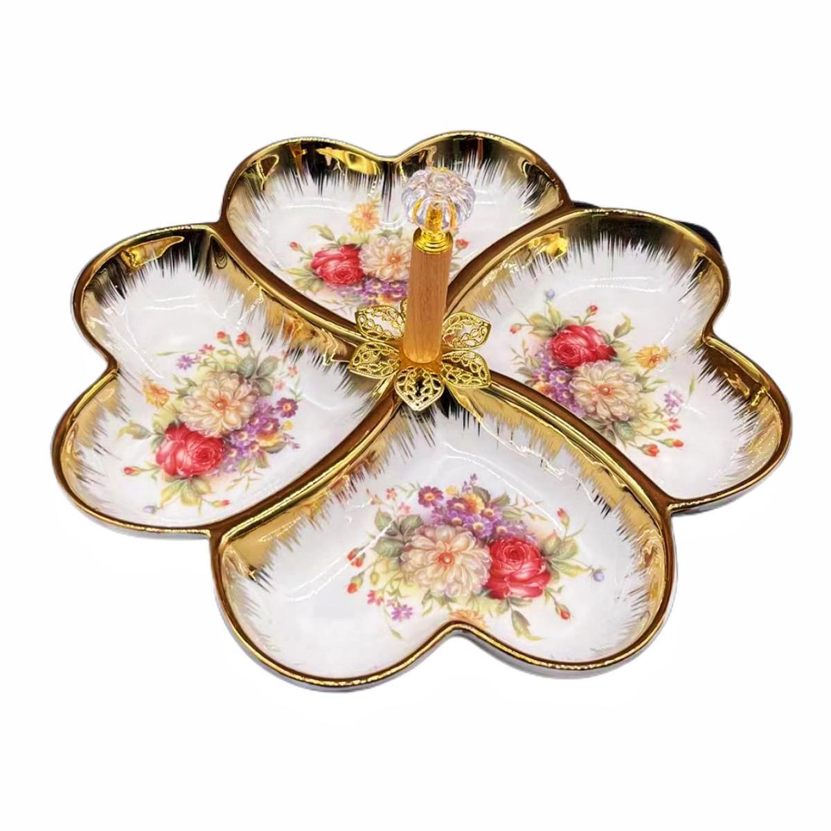 A pure white petal-shaped fruit platter with electroplated gold and multiple compartments, a hand-held restaurant banquet food platter pic 30
