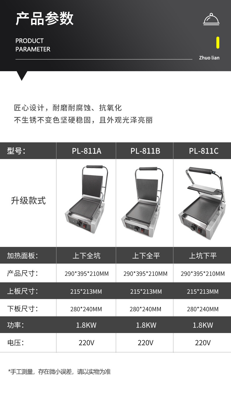 新款帕尼尼双面电加热压板扒炉铁板烧鸭肠牛排手抓饼三明治烤肉机详情3