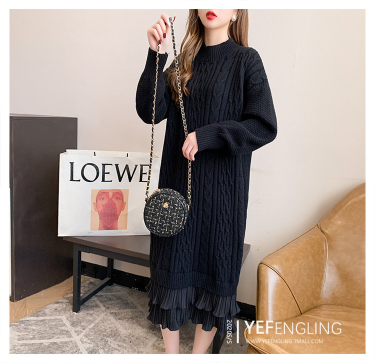 Knee-length woolen dress for women, with a loose and laid-back style of patchwork and twisted patterns, is a new thick knitted dress for autumn and winter 2020 pic 4