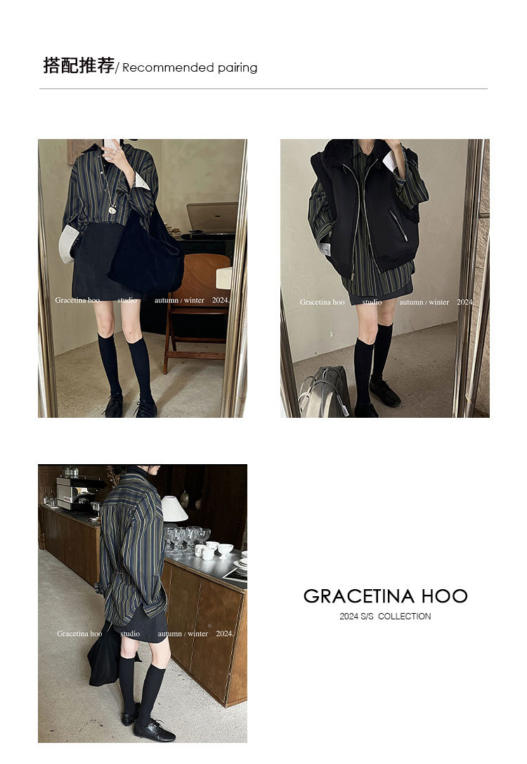 The First batch of Thirteen Factories 2024 autumn/winter new simple and laid-back style top, retro loose long-sleeved striped shirt for women pic 8