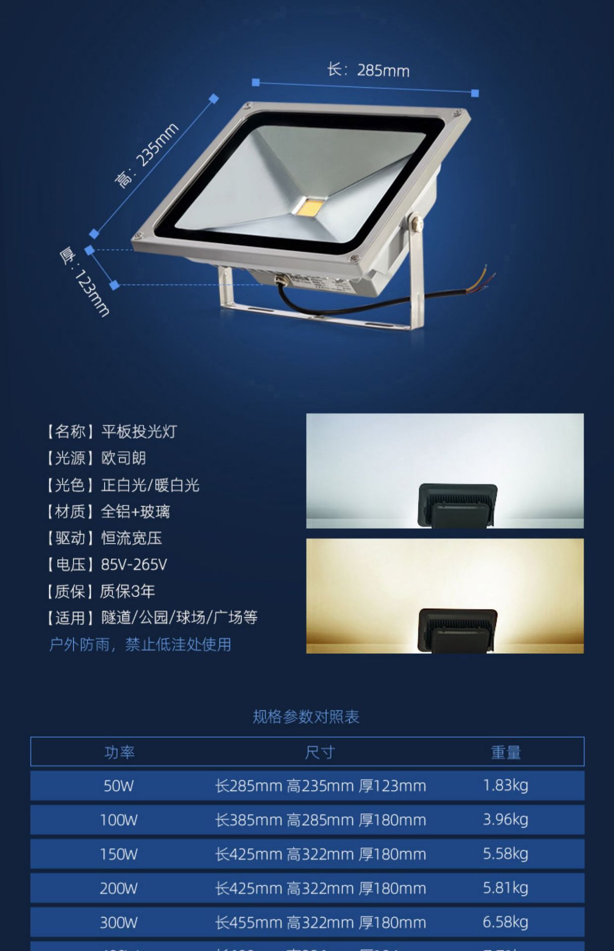 LED投光灯泛光灯厂房高亮户外广告灯室外露天防水广场球场灯路灯详情17