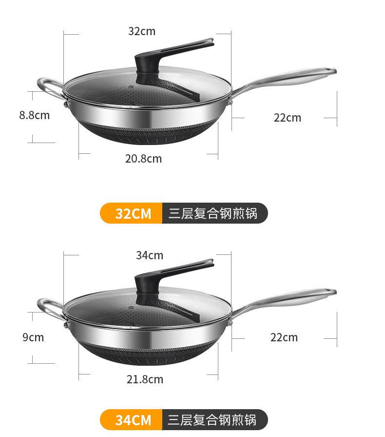 Three-layer steel, two-sided screen, steel handle, household flat-bottomed non-stick wok, stainless steel honeycomb wok, stainless steel wok, wok, ladle, frying pan, single-handle wok, kitchenware, kitchen utensils, one-piece consignment pic 22