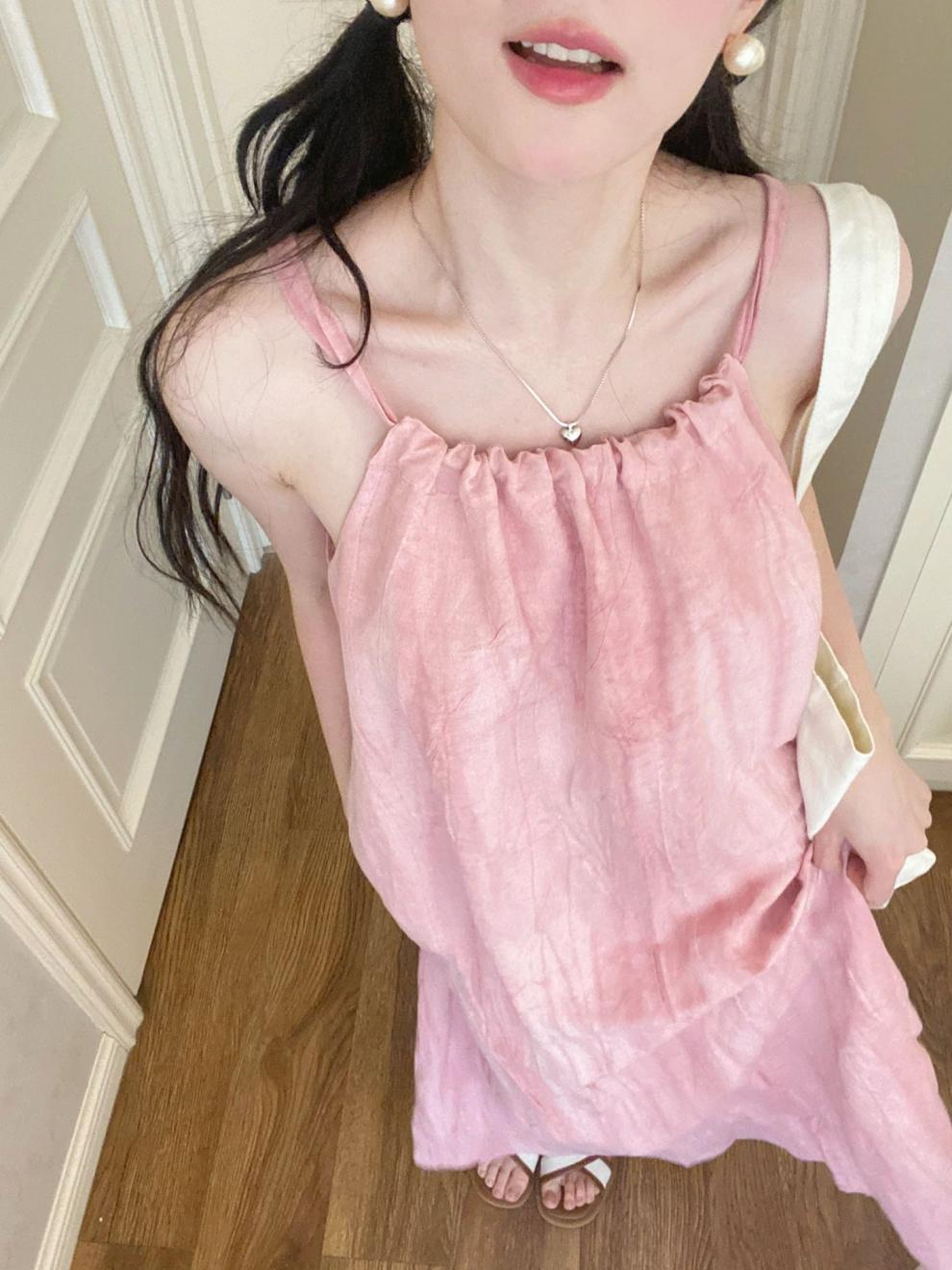 亚麻吊带连衣裙女宽松显瘦纯色大摆裙褶皱无袖削肩长裙A字裙详情2