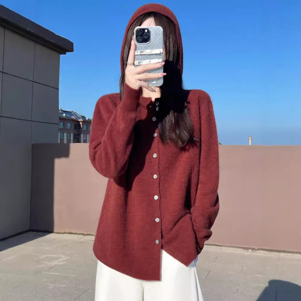 For the autumn and winter of 2024, a woolen hooded thick cardigan for women, a loose zipper knitted sweater, a youthful hoodie, can be paired with an outer jacket pic 4