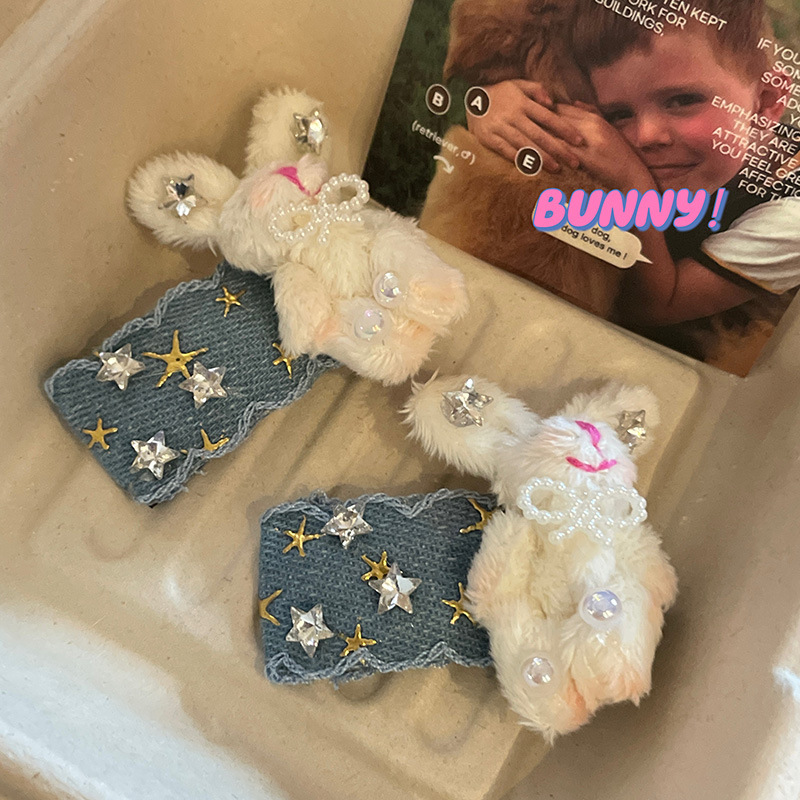 Cute plush rabbit bear denim hair clip, ins high-end colored diamond, sweet, cool, soft and cute girl large hair clip and hair accessory pic 7