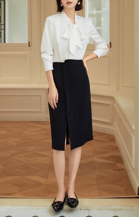 百薇秋季新品飘带女式衬衫潮流蝴蝶结女装通勤风纯色开衫系带上衣详情7