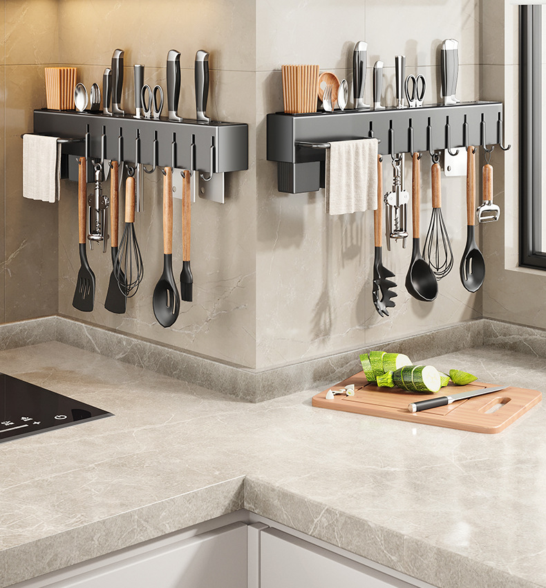 Multi-functional kitchen knife rack and storage rack 筷笼 integrated knife storage rack, wall-mounted household chopstick holder without drilling pic 2