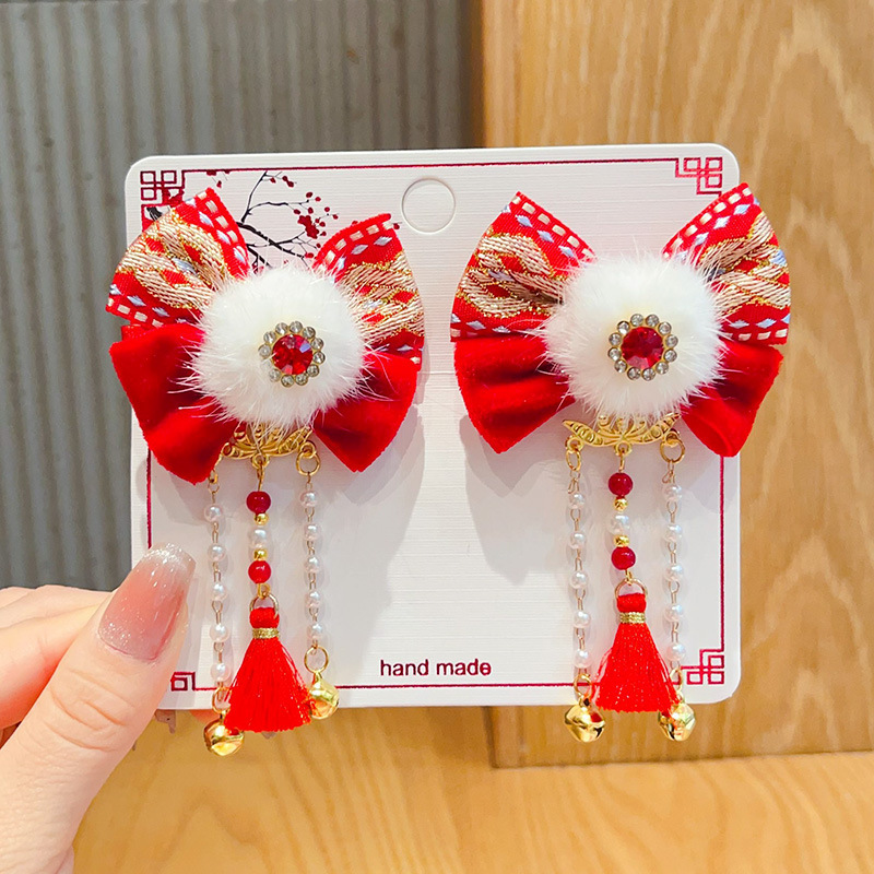 新年款红色古风流苏发夹儿童汉服发卡头饰女童复古蝴蝶结发夹发饰详情40