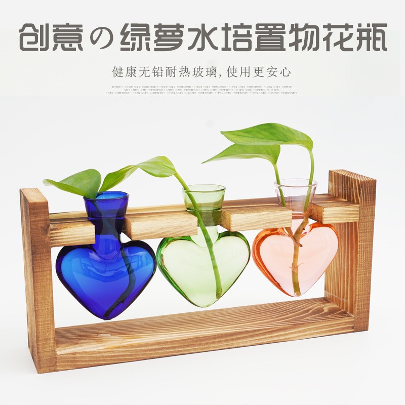跨境创意木架水培花瓶彩色心形透明玻璃花瓶容器家居装饰插花摆件详情1