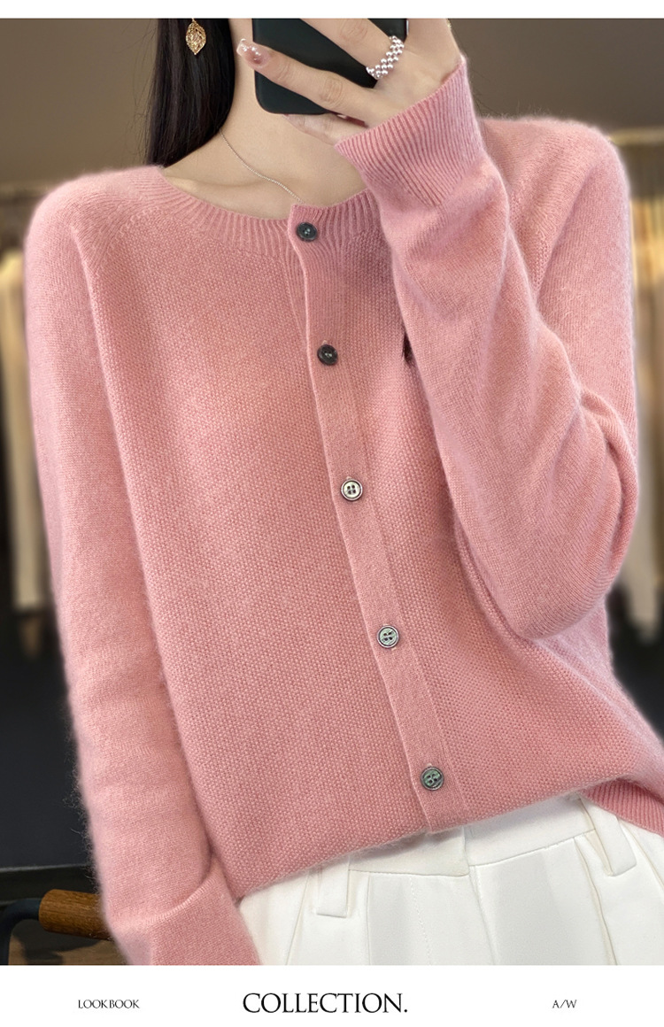 爆款批发秋冬季新款纯羊毛桂花针开衫宽松大码圆领羊毛衫详情16