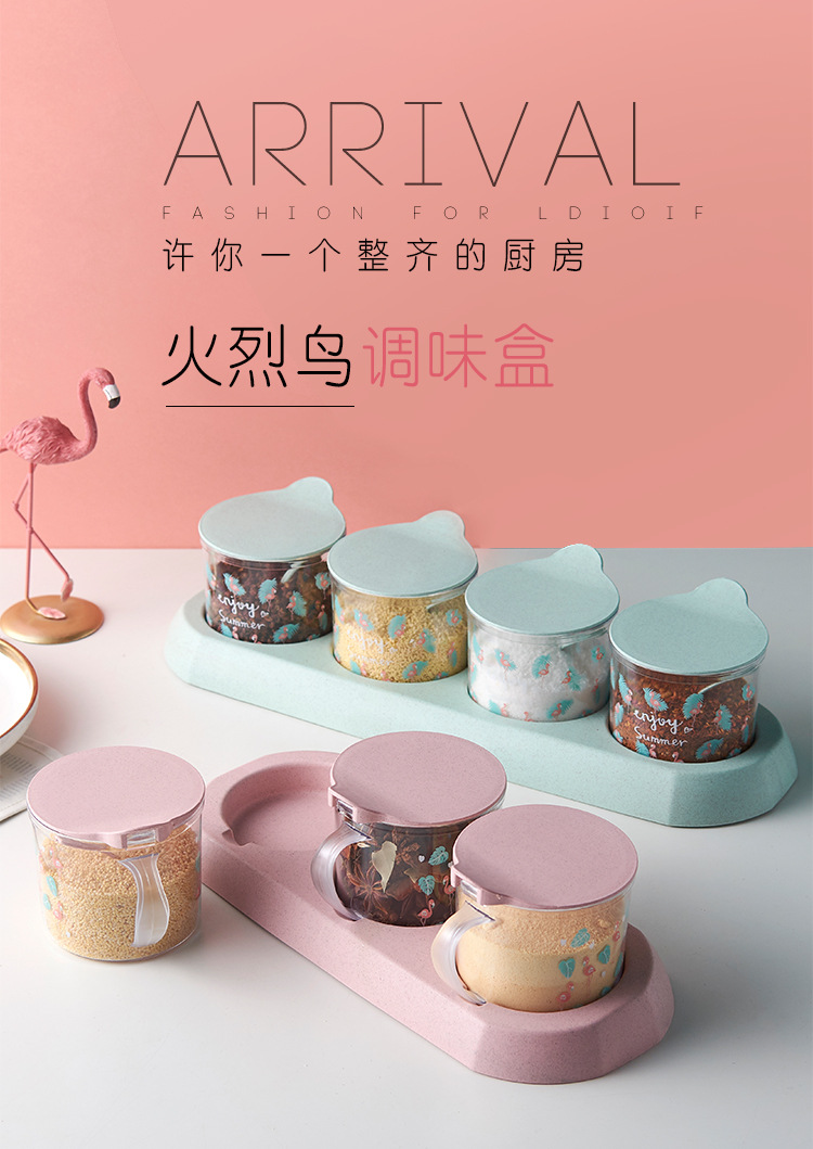 A round transparent seasoning box with a base and flamingo print, featuring three or four compartments, is a dust-proof kitchen seasoning storage jar pic 1