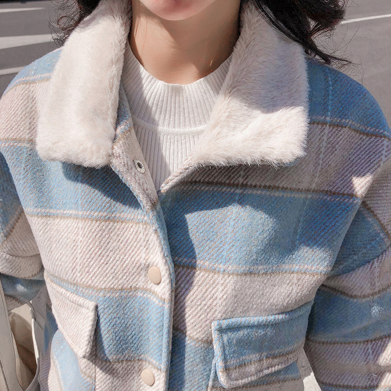 New loose checkered thickened windbreaker, short and versatile woolen coat for petite people pic 21