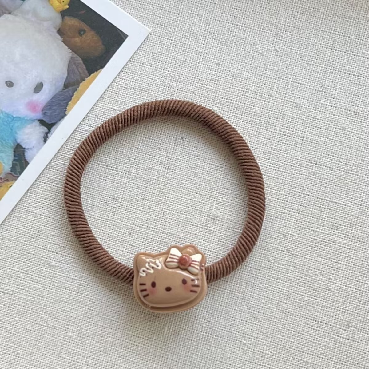 Coffee-colored cream kt cat hair tie, Korean-style hair tie, basic high-elasticity bun, simple and niche side bangs clip pic 3
