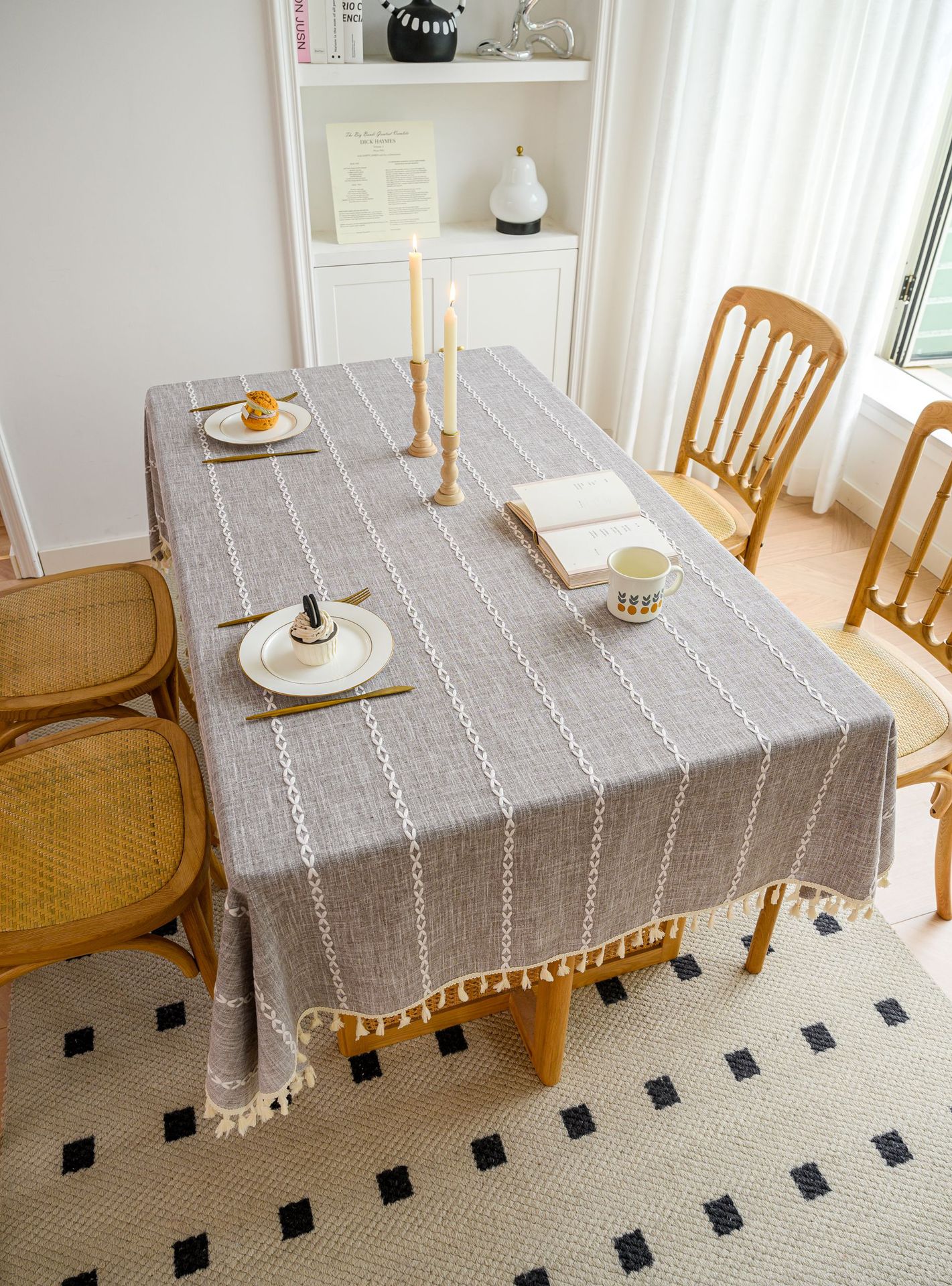 Cross-border three-dimensional embroidered striped tablecloth, popular black solid color, white cotton and linen tablecloth cover, fabric outdoor party pic 92