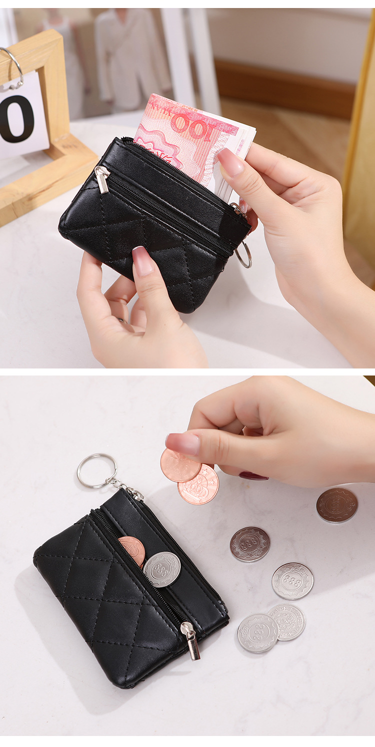 新款钱包女双层短款手拿包时尚菱格绣线卡片钥匙包迷你零钱包潮详情17