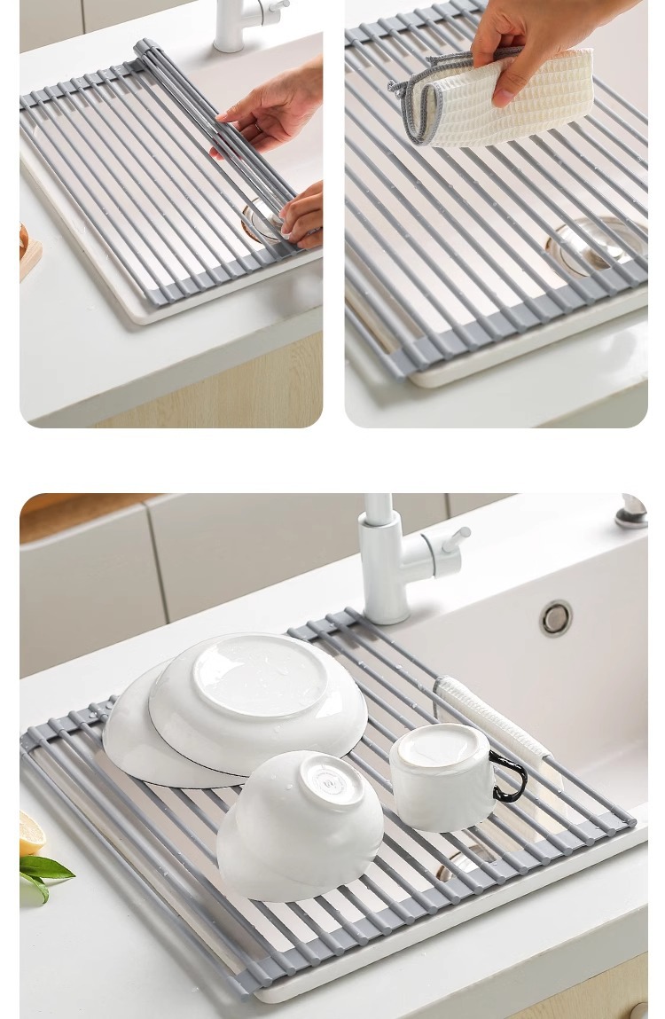 New silicone water-draining rack, sink roller shutter bowl rack, water filter basket, kitchen heat insulation pad, storage rack, foldable water filter pic 13