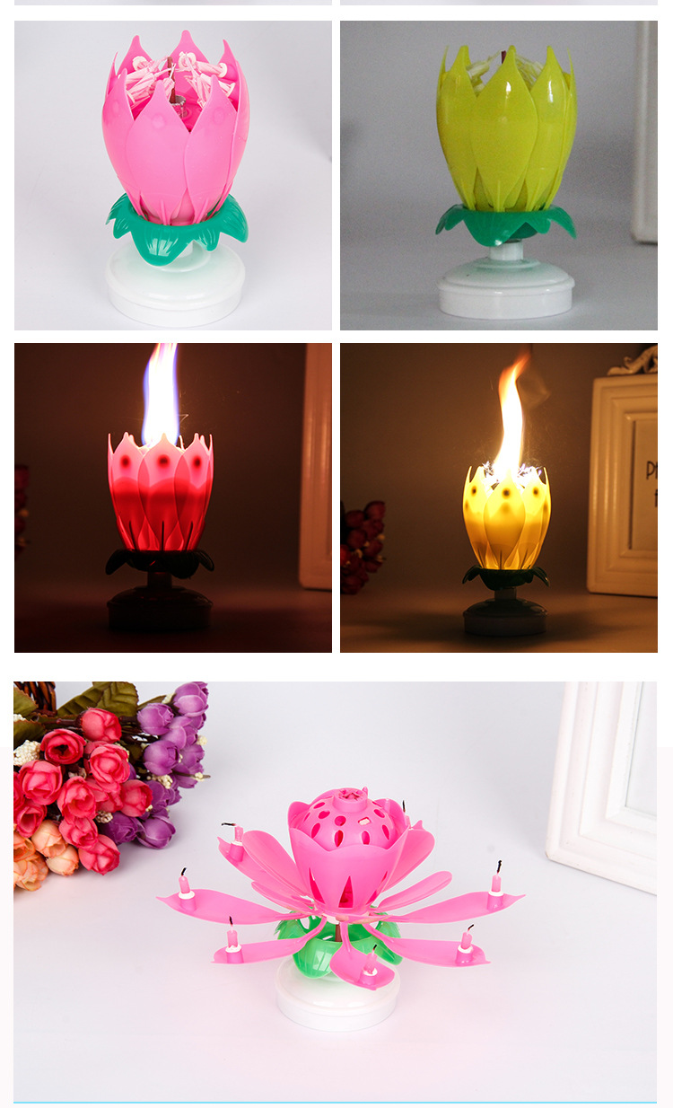 厂家热卖双层旋转音乐蜡烛荷花开花生日旋转莲花蜡烛14支彩色蜡烛详情7