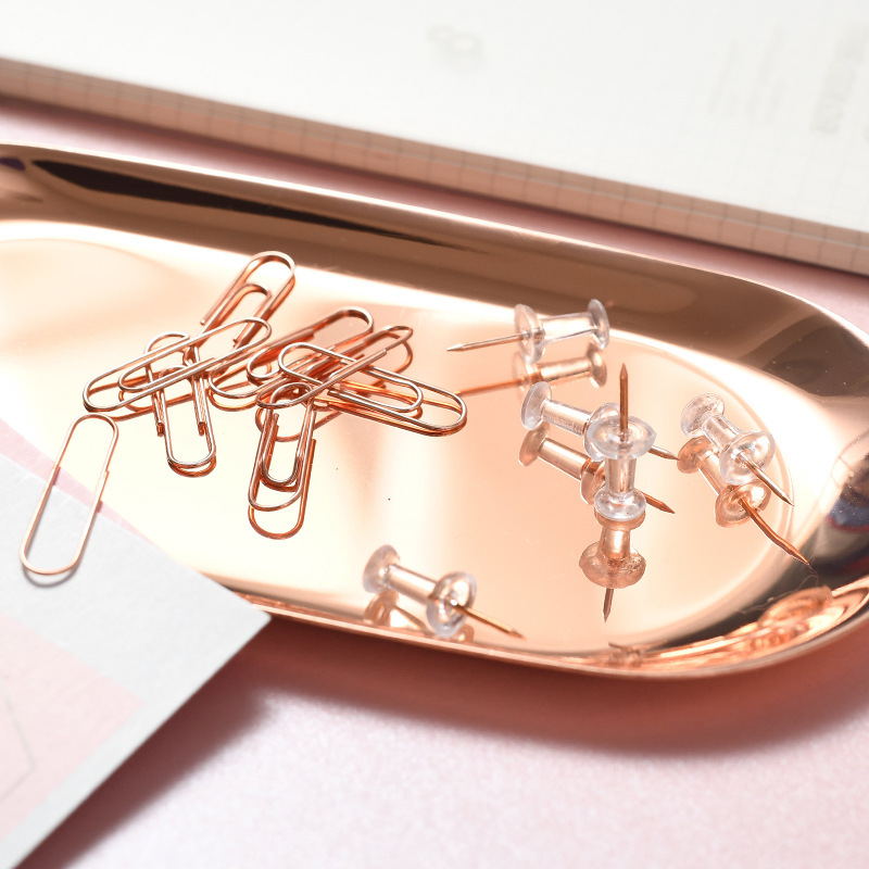 Cross-border supply of rose gold electroplated transparent thumbtacks, large and small long-tail clips, paperclip four-compartment boxes, creative office sets pic 4