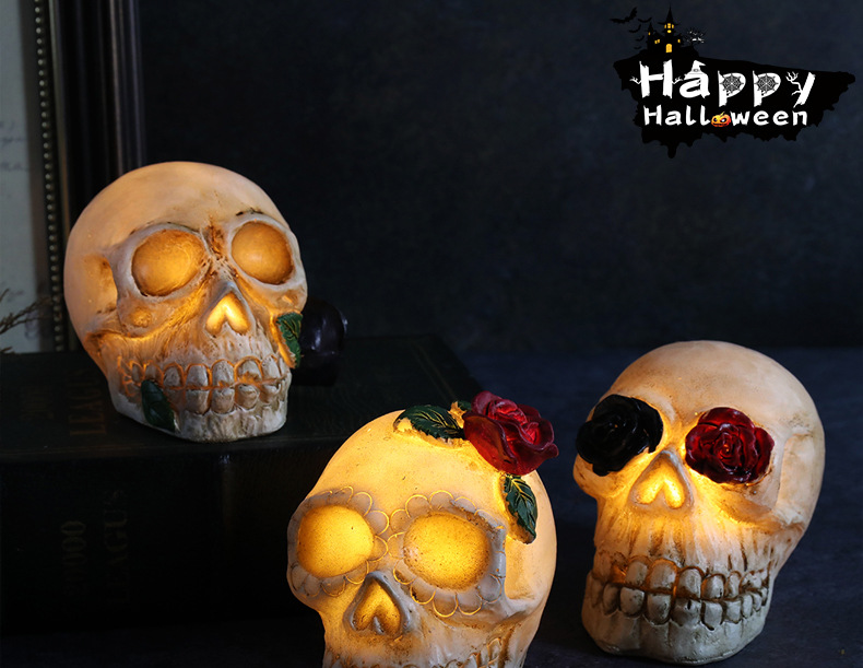跨境新款万圣节发光树脂骷髅头LED恐怖骷髅装扮道具万圣节装饰品详情1