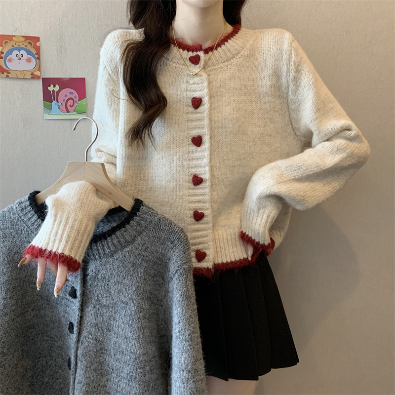 KANING拼色爱心纽扣针织开衫女2025早春新款慵懒风软糯毛衣外套女详情2
