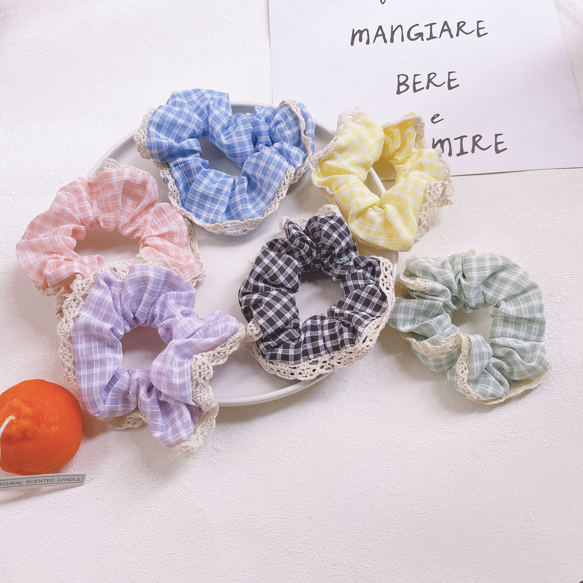 Summer fresh and cute checkered large intestine circle, Japanese girlish sweet lace edge simple bun hair tie pic 2