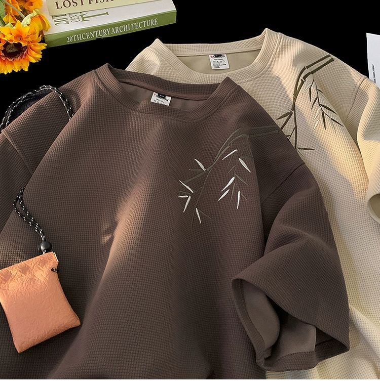 国潮华夫格新中式短袖t恤男士夏季国风高街潮牌复古体恤宽松休闲上衣 pic 9