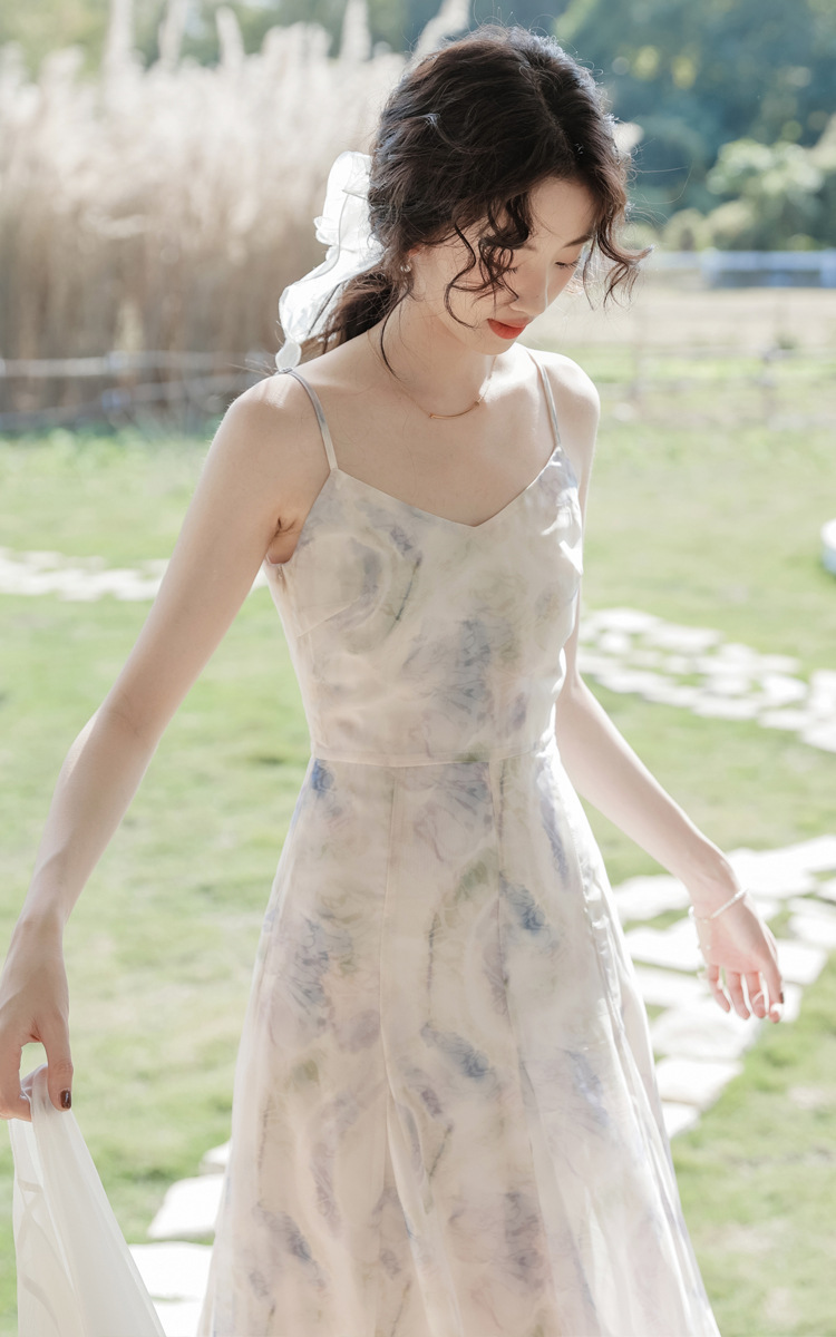 一件代发2024夏季新款水墨印花吊带连衣裙新款仙女裙修身雪纺裙详情23