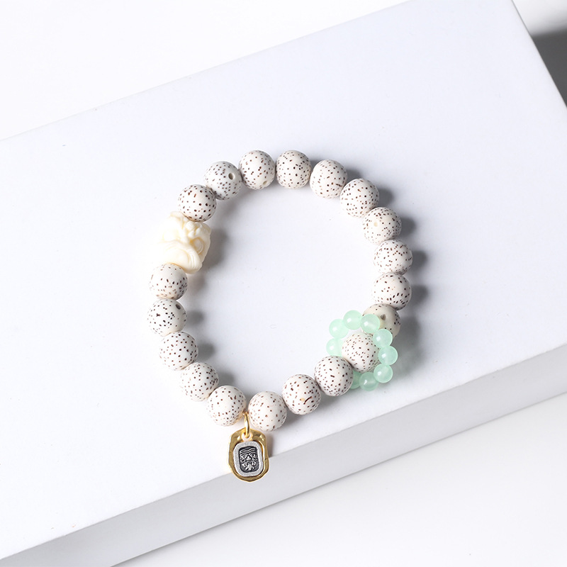 Retro star and moon Bodhi single-loop bracelet, national trend white jade Tara, lion dance running ring bracelet, Buddhist prayer beads, cultural and artistic jewelry pic 4
