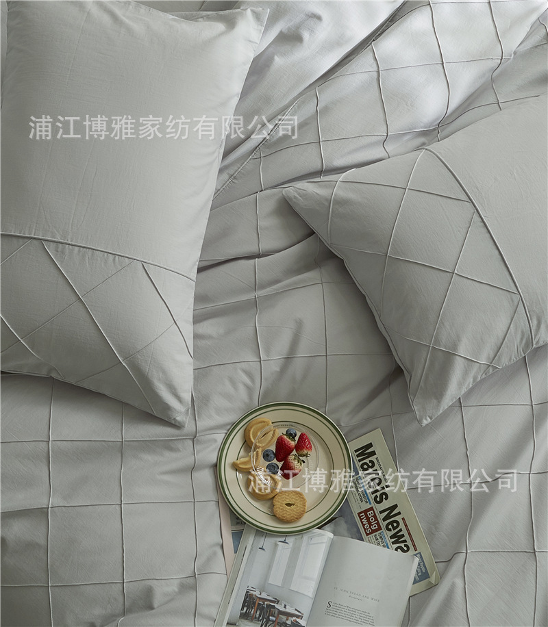 Wholesale of high-quality three or four-piece sets of washed cotton 40-count hand-knitted rhombus-shaped checkered plain pure cotton bedding pic 58
