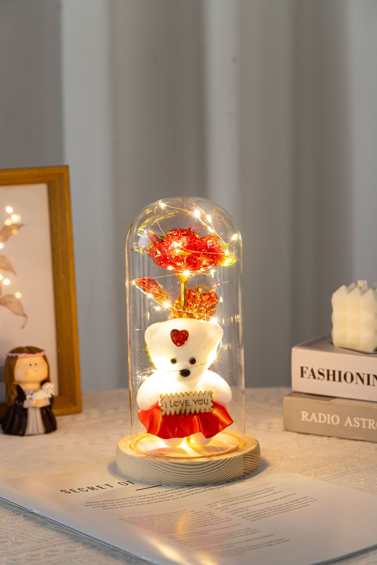 玻璃罩玫瑰花仿真摆母亲节礼物金箔花泡沫熊灯发光装饰品创意摆件详情9