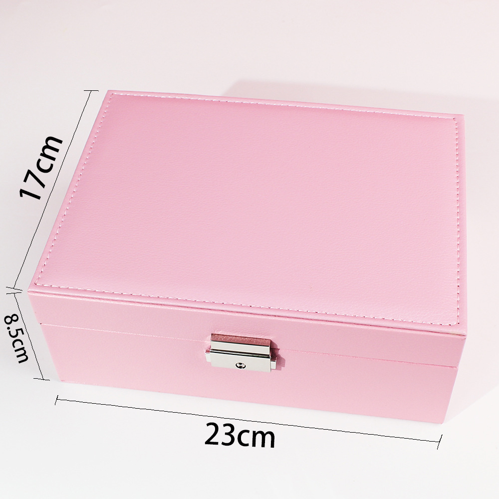 瑾奇2023首饰盒带锁双层大容量皮革珠宝饰品戒指项链耳环耳钉收纳盒子 粉色儿童收纳系列 JQ009详情1