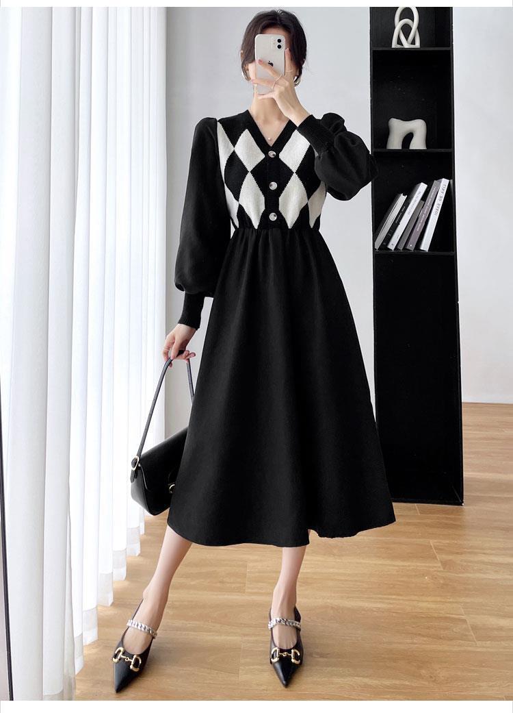 2022秋冬新款法式赫本风别致菱格v领针织拼接中长款收腰a字连衣裙详情16
