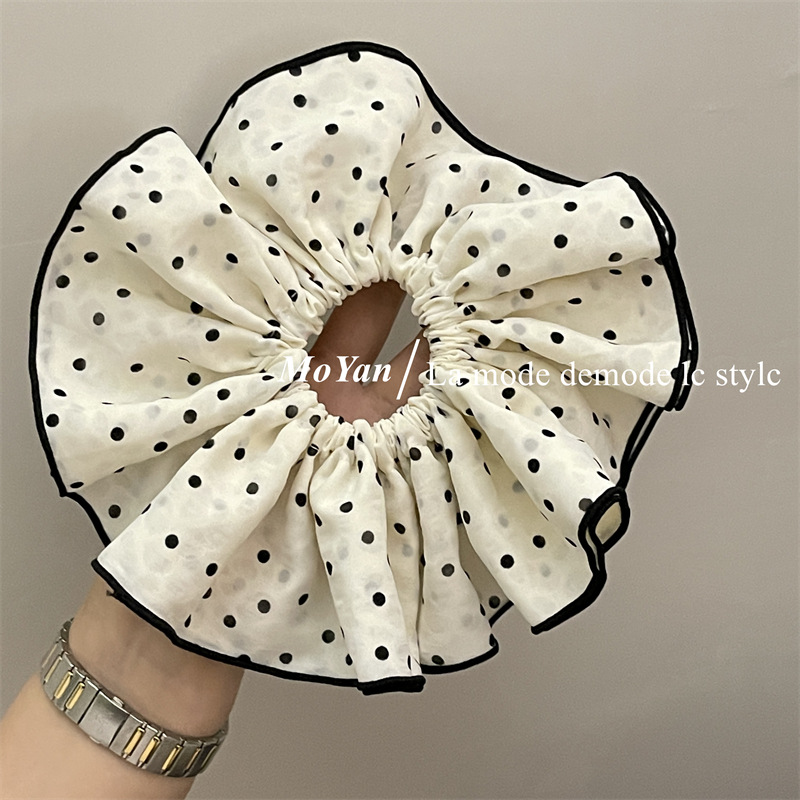 Double-layer white large polka dot large intestine hair band, elegant retro edge hair tie, French simple and elegant hair flower hair tie pic 5